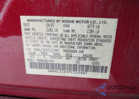 2007 Nissan Altima 2.5 S z USA, uszkodzony, nr VIN 1N4AL21E47C213467